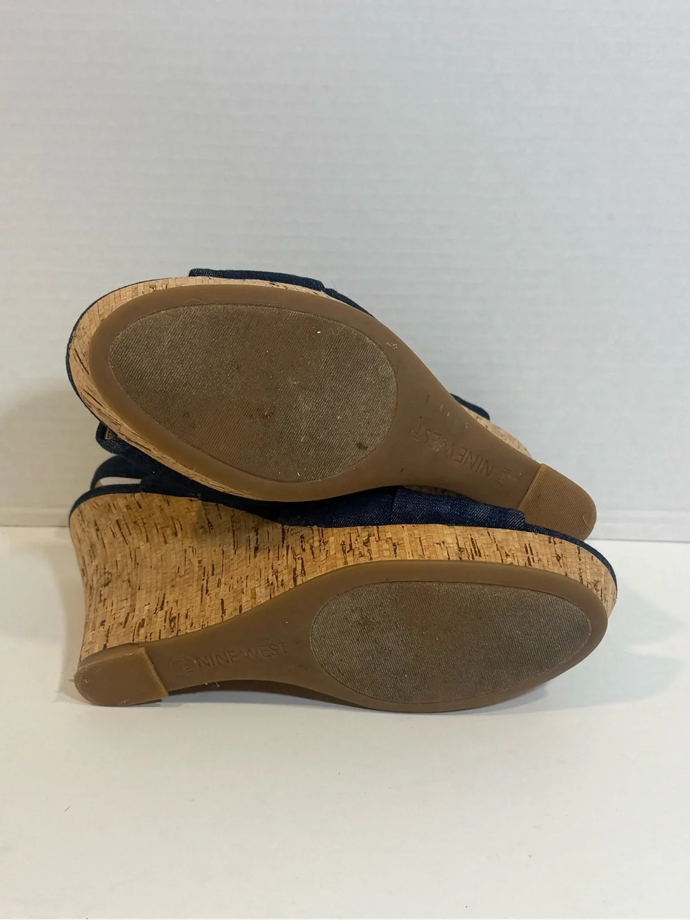 Nine West Womens 7.5 M Blue Denim Bow Cork Wedge Sandals Ankle Strap